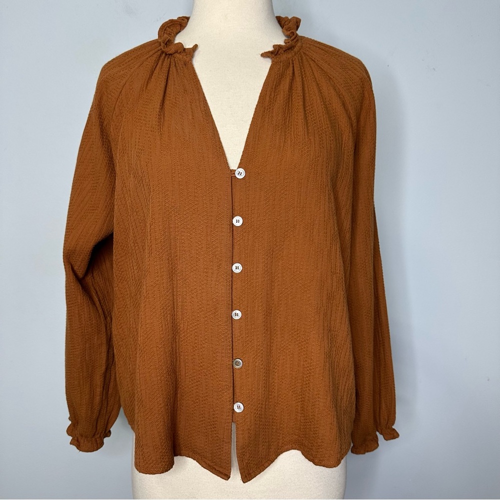 Garance Paris Women’s Cinnamon Embroidered Ruffle Trim Peasant Blouse Size S